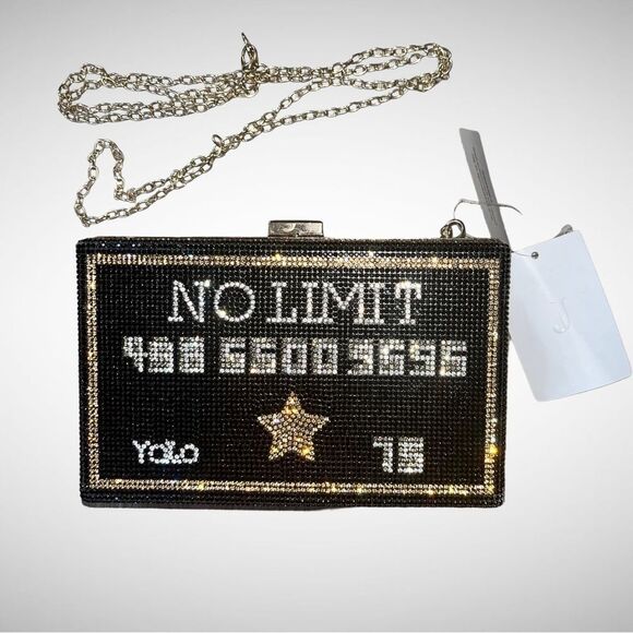 New J Black “No Limit…Yolo” Credit Card Rhinestone Clutch with Chain Purse - Picture 2 of 6